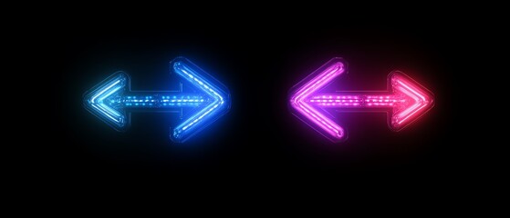 Poster - Neon arrows with blue and purple light, pointing in opposite directions on a black background, futuristic generative AI theme