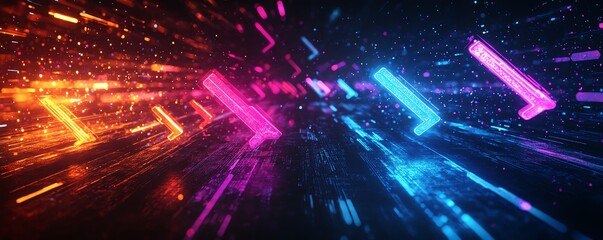 Aufkleber - Neon blue and purple arrows pointing left and right on a dark background, glowing with a vibrant generative AI effect