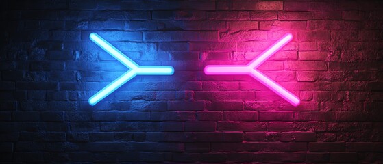 Leinwandbilder - Neon blue and purple arrows, each pointing in opposite directions on a black background, glowing with a generative AI neon effect