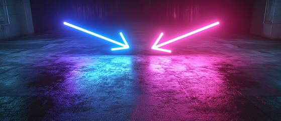 Leinwandbilder - Neon blue arrow pointing right and neon purple arrow pointing left, set against a dark background, dynamic generative AI aesthetic