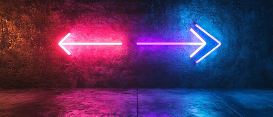 Poster - Neon blue arrow pointing right and neon purple arrow pointing left, set against a dark background, dynamic generative AI aesthetic