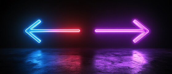 Aufkleber - Neon blue arrow pointing right and purple arrow pointing left, glowing against a black background, generative AI neon lighting effect