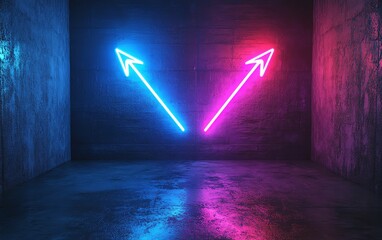 Aufkleber - Two glowing neon arrows, blue and purple, pointing in opposite directions on a dark background, generative AI lighting concept