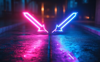 Poster - Two glowing neon arrows, blue and purple, pointing in opposite directions on a dark background, generative AI lighting concept