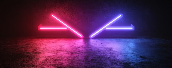 Poster - Two neon arrows, blue and purple, pointing to the right and left, against a dark black backdrop, generative AI digital lighting