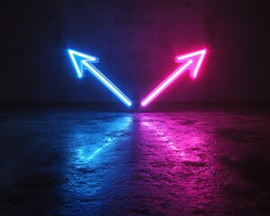 Aufkleber - Two neon arrows, blue and purple, pointing left and right, glowing vividly against a solid black background, generative AI neon glow