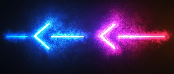 Aufkleber - Two neon arrows, blue and purple, glowing against a black gradient backdrop, pointing to the left and right, generative AIinspired neon glow