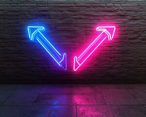 Poster - Two neon arrows pointing left and right, blue light on one arrow and purple light on the other, dark background, generative AI neon design