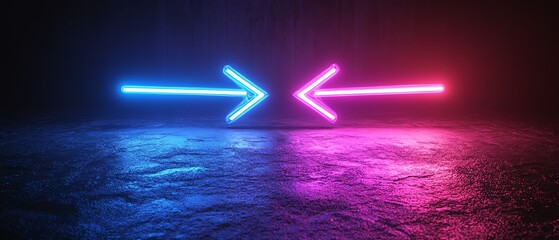 Aufkleber - Two neon arrows pointing left and right on a dark background, glowing in blue and purple colors, generative AI neon design