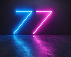 Poster - Two neon arrows pointing left and right, blue light on one arrow and purple light on the other, dark background, generative AI neon design