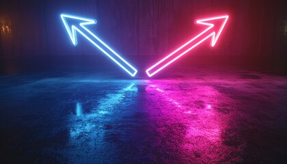 Aufkleber - Two neon arrows pointing left and right on a dark background, glowing in blue and purple colors, generative AI neon design