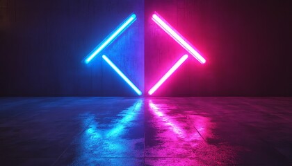 Aufkleber - Two neon arrows pointing left and right on a dark background, glowing in blue and purple colors, generative AI neon design