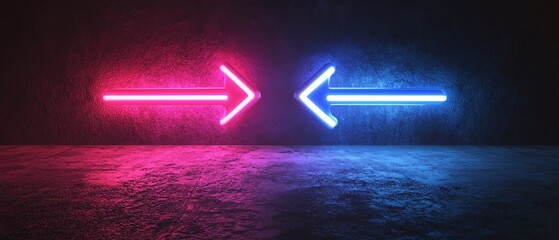 Aufkleber - Two neon arrows pointing left and right on a dark background, glowing in blue and purple colors, generative AI neon design