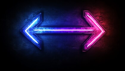 Poster - Two vibrant neon arrows, blue and purple, pointing left and right on a dark background, generative AI neon light design