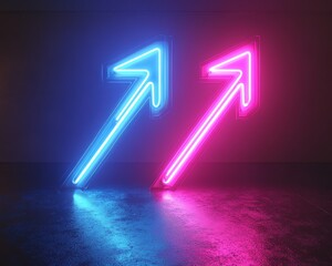 Aufkleber - Two vibrant neon arrows, blue and purple, pointing left and right on a dark background, generative AI neon light design