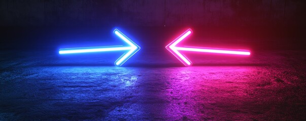 Poster - Two vibrant neon arrows, one in blue and one in purple, pointing left and right, with a black background, generative AI lighting