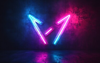 Poster - Two vibrant neon arrows, one blue and one purple, glowing against a dark background with a black gradient, generative AI neon design