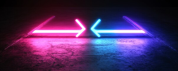 Poster - Two vibrant neon arrows, one in blue and one in purple, pointing left and right, with a black background, generative AI lighting