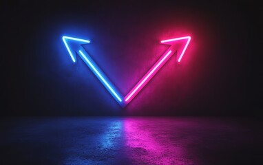 Aufkleber - Two vibrant neon arrows, one blue and one purple, glowing against a dark background with a black gradient, generative AI neon design