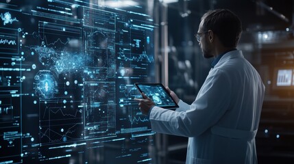 Fototapete - A doctor in a white coat reviews advanced medical data on a tablet, surrounded by digital charts and graphs in a modern lab. Generative AI