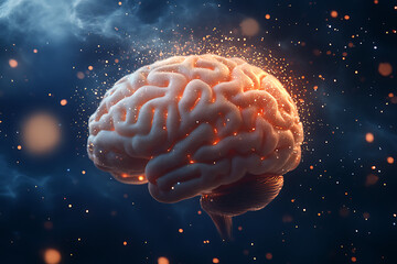 Poster - A glowing brain surrounded by particles, symbolizing knowledge and creativity.