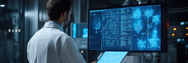 Poster - A doctor wearing a white coat is examining intricate brain scan data on a large screen in a state-of-the-art medical facility. Generative AI
