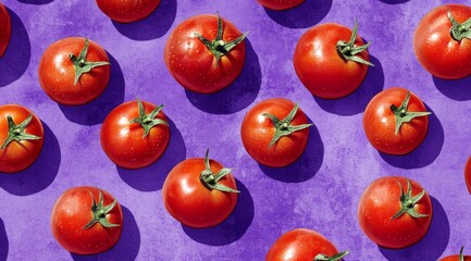 Poster - A flat lay of fresh, red tomatoes arranged in a repeating pattern on a purple background.