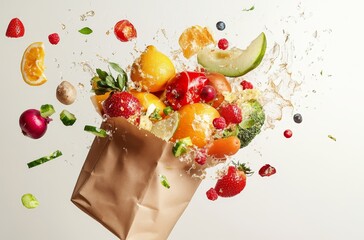 Poster - A paper bag bursts open, scattering fresh fruit, vegetables, and berries against a white background.