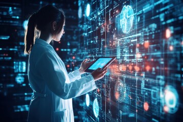 Fototapete - A doctor in a white coat analyzes digital information on a tablet, engaged with a vibrant, high-tech interface filled with data. Generative AI