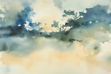 Poster - A beautiful watercolor artwork showcases a calming sky filled with soft clouds in shades of blue and beige, evoking tranquility and peace. Generative AI
