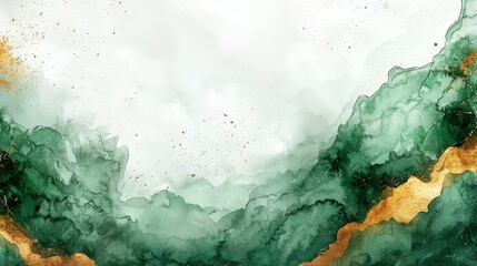  Abstract watercolor landscape with green hues and gold accents, evoking tranquility and nature.