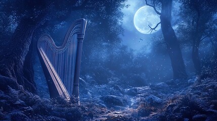 Wall Mural - A serene and whimsical forest scene under a luminous full moon. In the foreground, a large harp made of polished wood stands elegantly among lush greenery and scattered rocks. The atmosphere is mystic