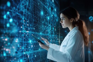 Fototapete - A doctor in a white coat analyzes information displayed on digital screens, using a tablet in a state-of-the-art laboratory environment. Generative AI
