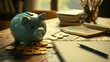 © WINGGOD - A piggy bank on a desk beside a notebook, pen, and scattered gold coins