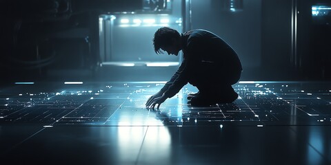 Fototapete - A man in a dark room is crouching down and reaching out towards a glowing digital floor. The room is dimly lit with lights in the background.