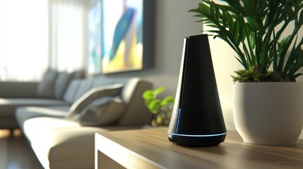 Poster - An innovative home assistant device sits on a living room shelf, ready to simplify daily tasks. With voice recognition,