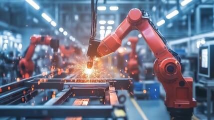 Aufkleber - Robotic welding machinery assembling automotive frames, showing the accuracy and consistency of automated systems