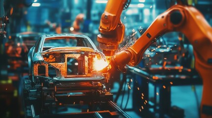 Aufkleber - Robotic welding machinery assembling automotive frames, showing the accuracy and consistency of automated systems