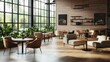 © purart - A modern café interior with natural light, plants, and comfortable seating for relaxation.
