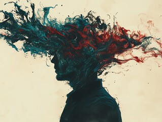 Poster - A man's silhouette with an explosion of blue and red ink bursting from his head.