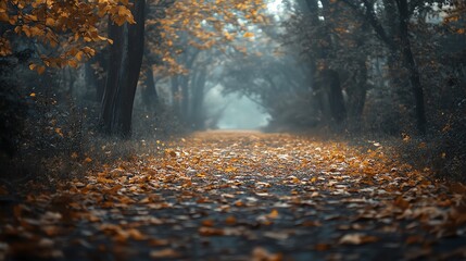 Wall Mural - a misty autumn path through a forest with fallen leaves, leading to a mysterious destination.