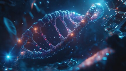 Poster - The depiction shows a detailed DNA helix surrounded by bright particles and fluid shapes, showcasing the beauty of genetic structure. Generative AI