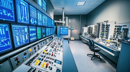 Poster - The control room of an advanced machinery plant, filled with monitors and equipment overseeing every process