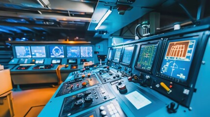 Poster - The control room of an advanced machinery plant, filled with monitors and equipment overseeing every process