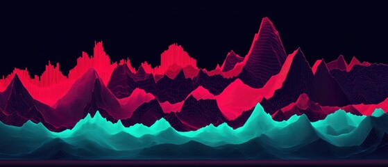 Aufkleber - A vibrant, abstract visualization of sound waves, featuring dynamic peaks and troughs in bold colors of pink and turquoise against a dark background.