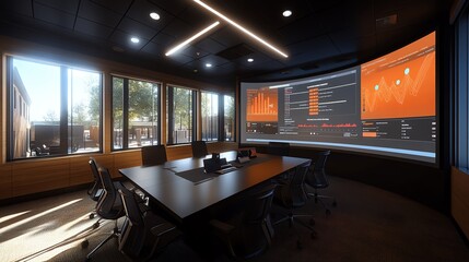 Aufkleber - A modern conference room with a large screen displaying financial data.