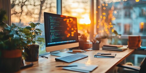 Aufkleber - A modern home office with a computer monitor, keyboard, and plants on a desk against a window with an evening sunset and bokeh lights.