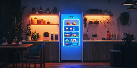 Poster - A modern kitchen with a glowing blue refrigerator and a dining table.