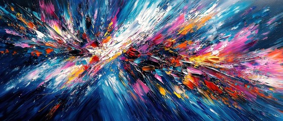 Aufkleber - A vibrant abstract painting showcasing dynamic bursts of color in a cosmic-like explosion, blending blues, pinks, and yellows for a striking visual impact.