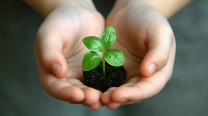 Aufkleber - Two hands carefully hold a small green seedling surrounded by dark soil, symbolizing caring for nature and new beginnings indoors. Generative AI